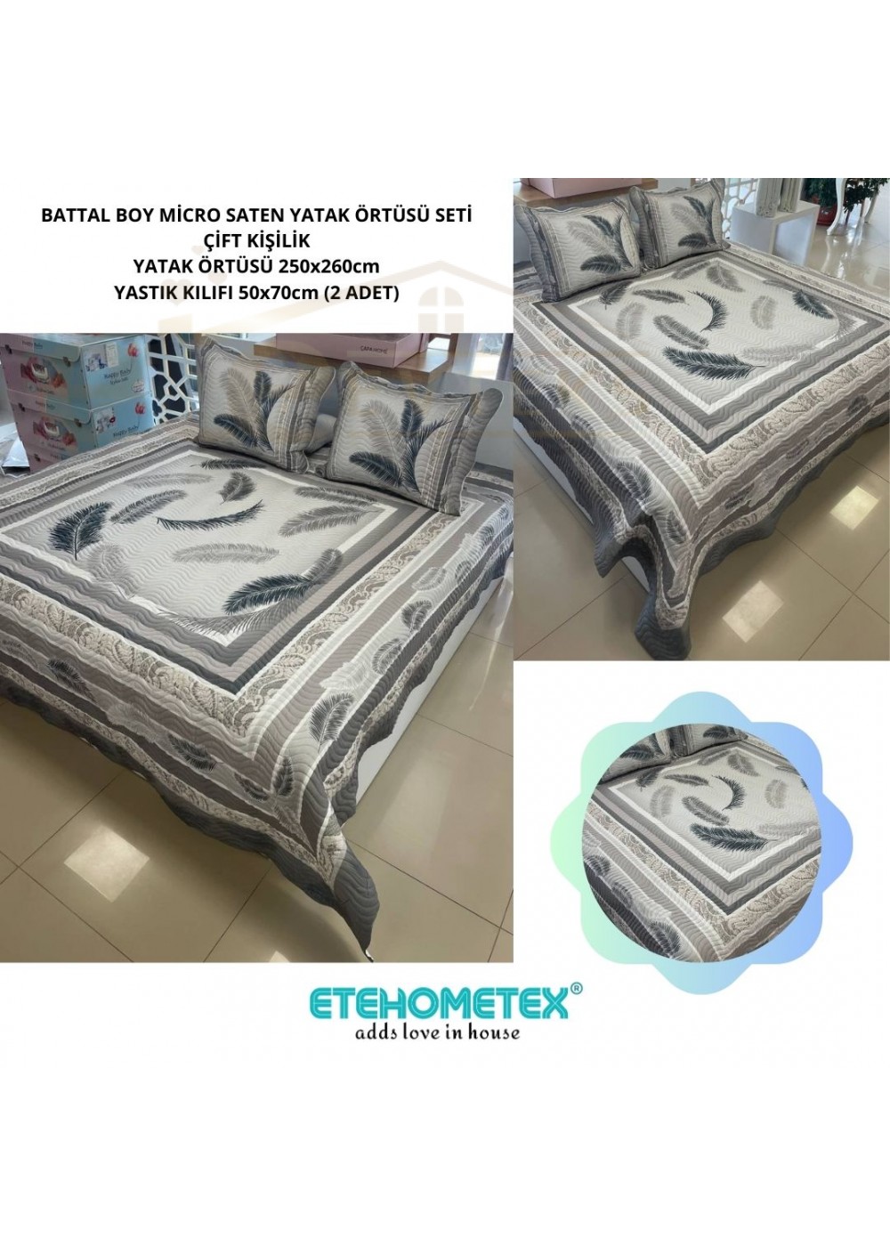 ETEHOMETEX ÇİFT KİŞİLİK KAPİTONELİ YATAK ÖRTÜSÜ SETİ ALYA GRİ 8696474231890 ETEHOMETEX ÇİFT KİŞİLİK KAPİTONELİ YATAK ÖRTÜSÜ SETİ ALYA GRİ 8696474231890
